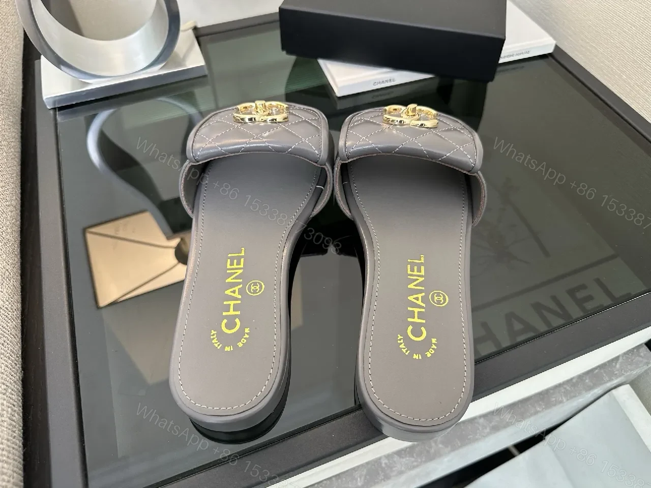 View 2 of Quilted Leather Slides with Gold Logo – Luxe Comfort