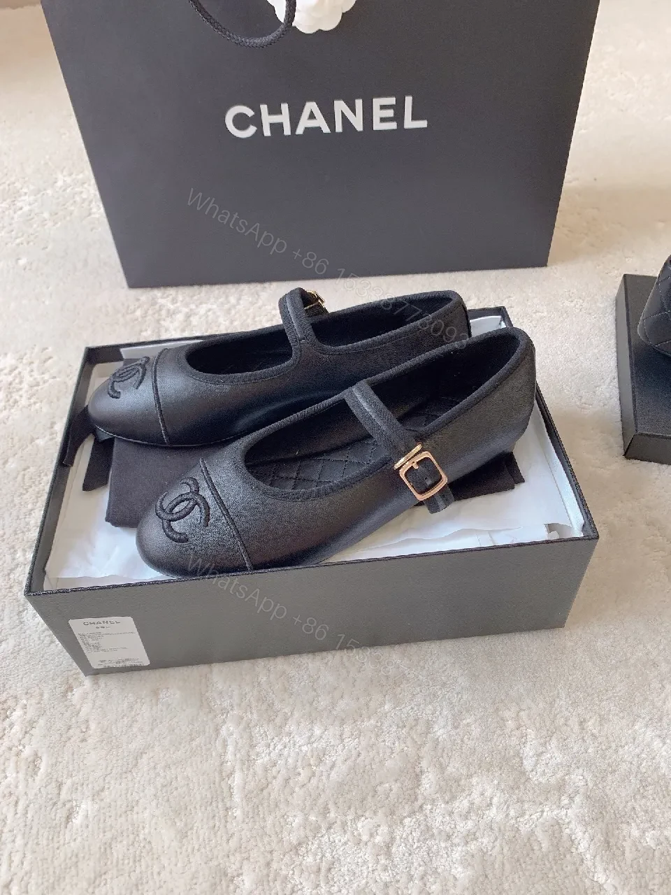 Black Leather Mary Jane Flats with Logo Embroidery — view 1
