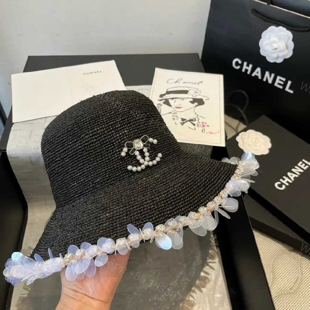 View 3 of Black Straw Hat with Pearl Logo and Crystal Trim