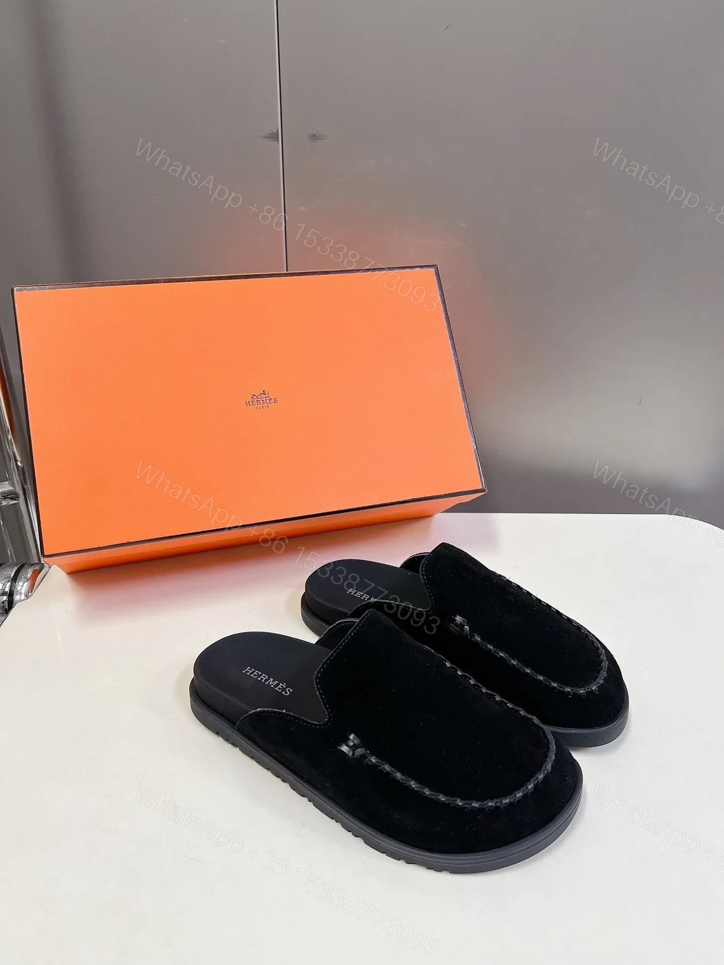 View 5 of Hermes Women Black Suede Slippers