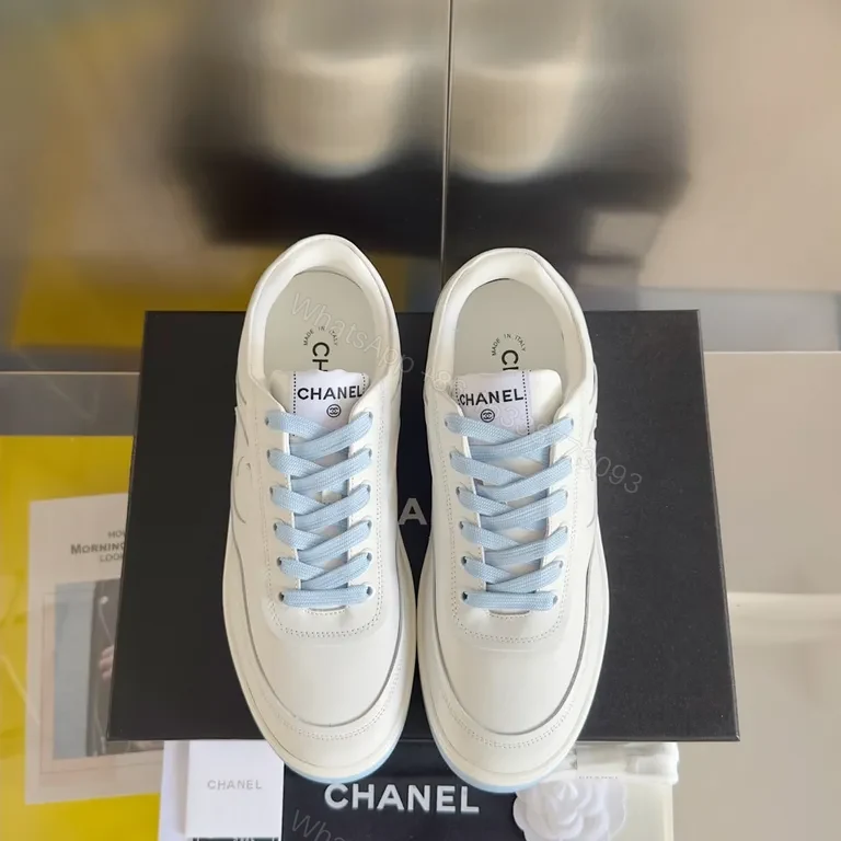 Premium White Chanel-Style Leather Sneakers with Light Blue Laces — view 1