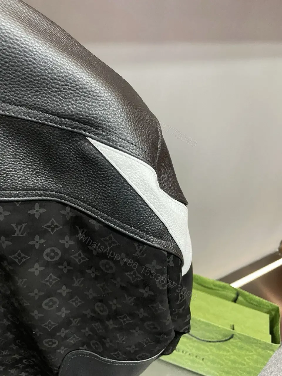 View 6 of Bold Contrast Leather Jacket Monogram Panels, Luxe Style