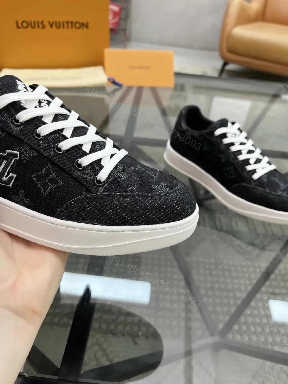 View 2 of Denim-Texture Sneakers with LV-Inspired Embroidery, All-Day Comfort