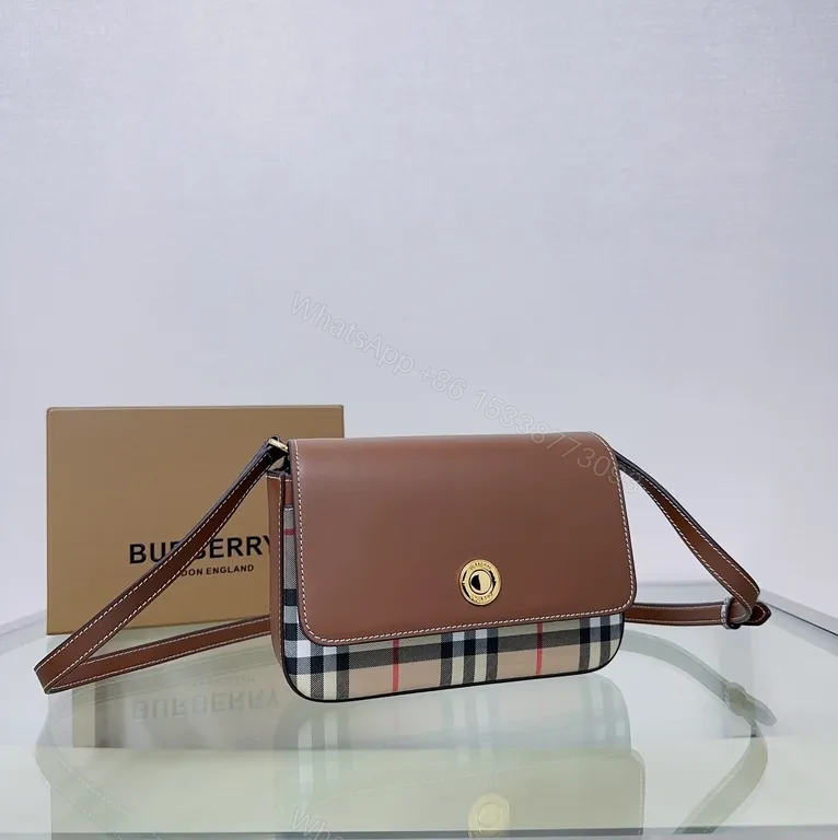 View 2 of Chic Burberry-Inspired Leather Crossbody Bag with Checkered Front