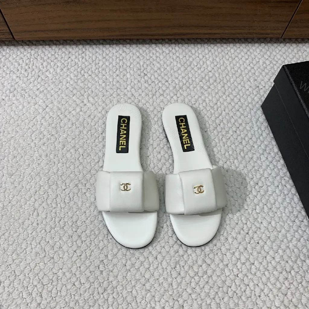 View 3 of White Leather Chanel-Logo Slide Sandals