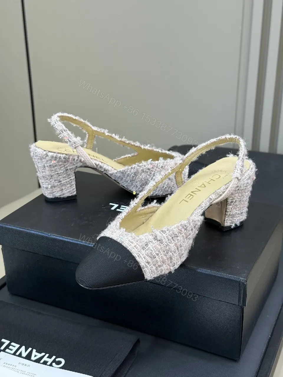 View 3 of Tweed Textured Slingback Pumps with Black Cap Toe, Open Back