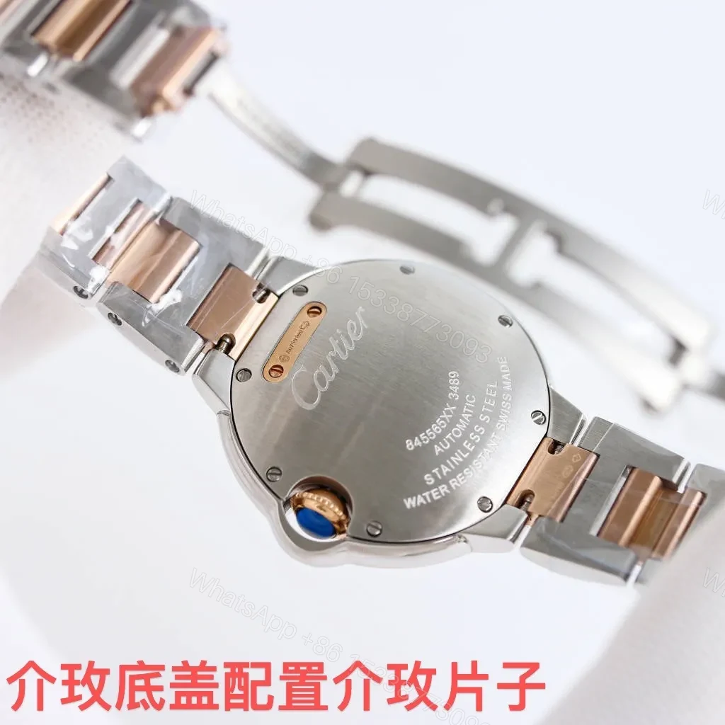 View 9 of JF Factory Cartier Ballon Bleu Automatic Watch – Rose Gold and Stainless Steel, Dark Yellow Dial, Roman Numerals, Blue Hands, 10mm Thick, Quick Release Leather Strap, Model 845565xx3489
