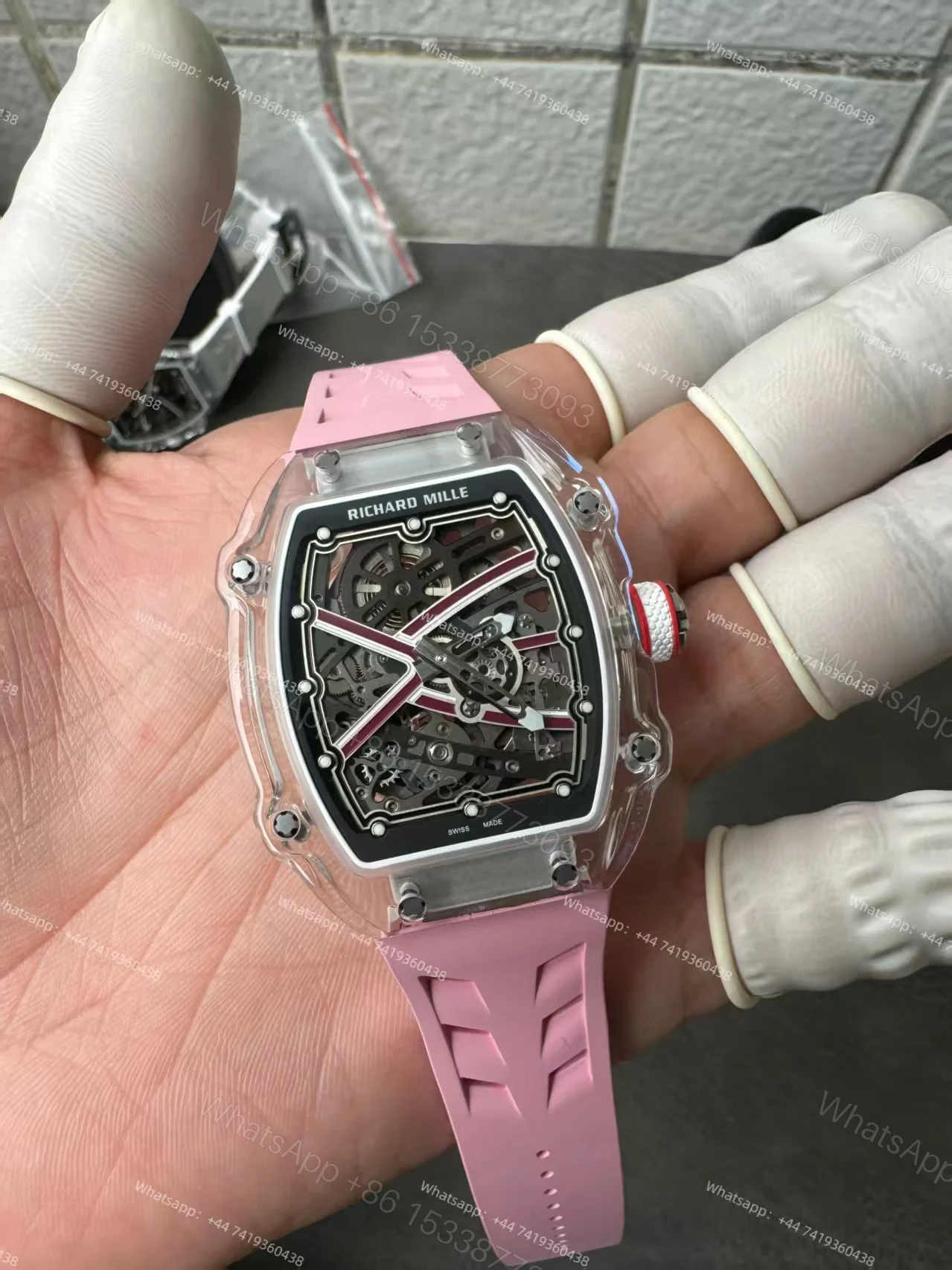 View 3 of Super Clone Richard Mille RM67-02 Sapphire Crystal Skeleton Tourbillon 1:1 Replica Watch with Pink Rubber Strap