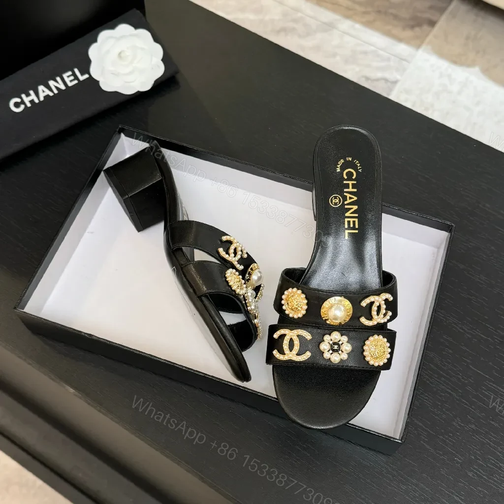 View 5 of Gold-Accent Block Heel Slides: Luxe Open-Toe Sandals