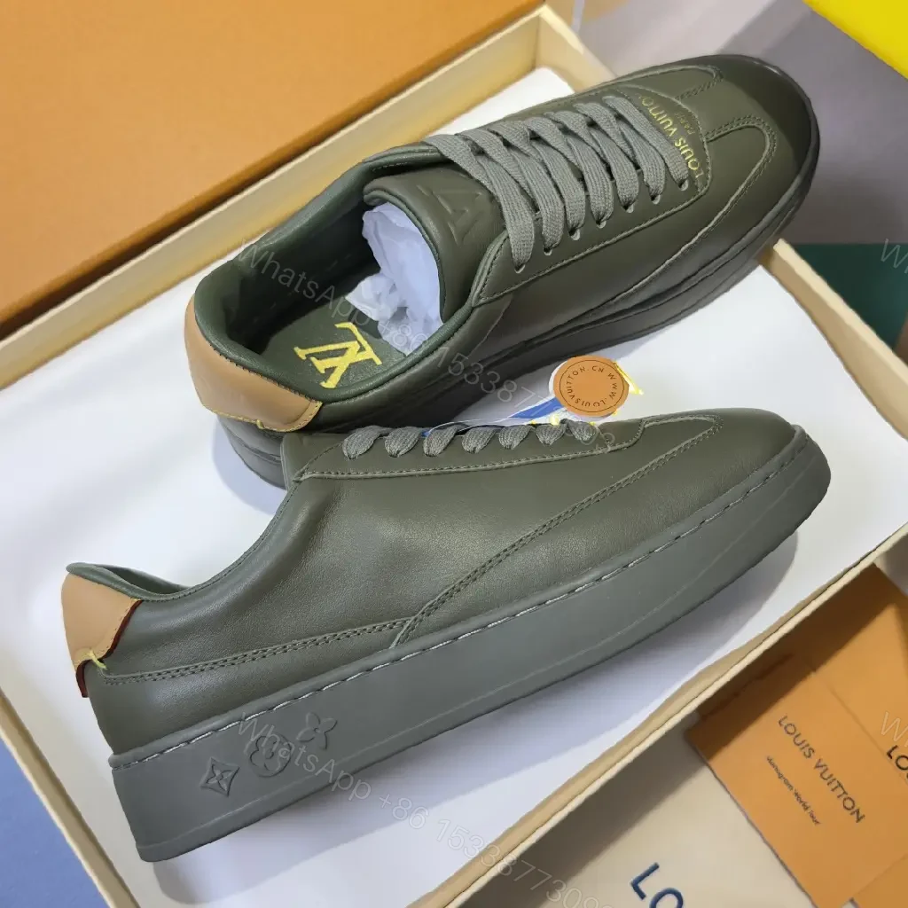 View 9 of Green Leather Sneaker, Platform Sole, Louis Vuitton Style, Monogram Accents, Casual Shoes