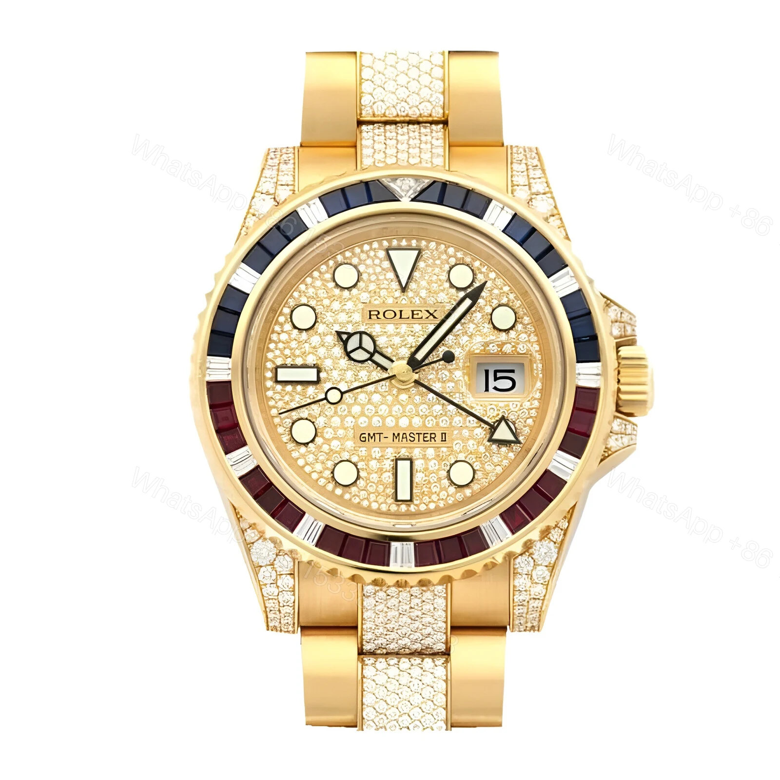 Rolex GMT Master II 116758 SARU Yellow Gold Diamonds Dial Iced Out Replica — view 1