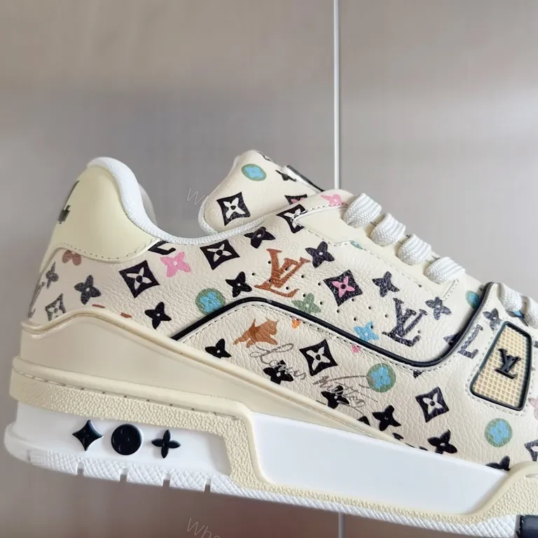 View 5 of White LV-Pattern High-Top Sneakers: Multicolor Luxury Comfort