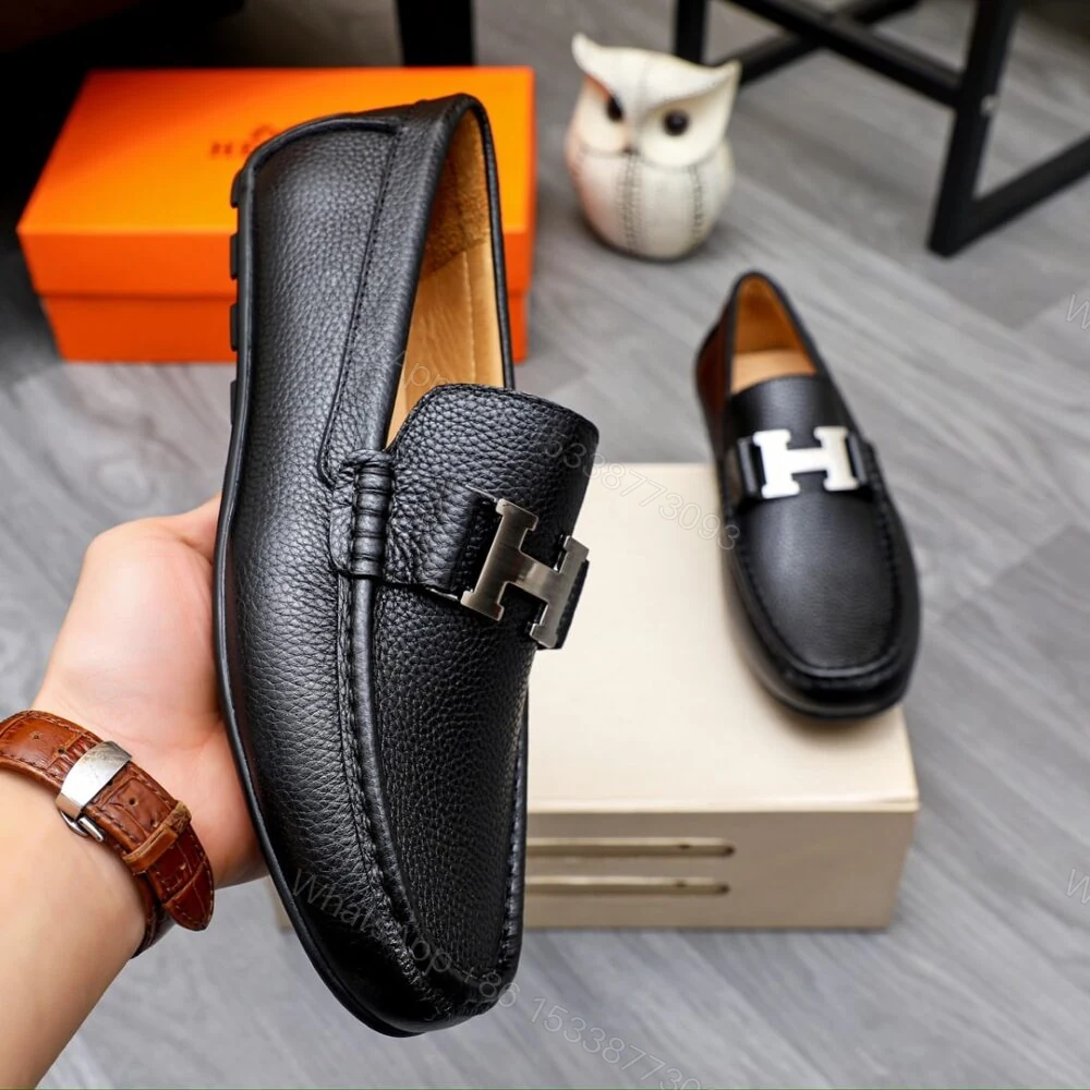 View 4 of Hermes Men’S Loafer Moccasin Leather With H Silver Black