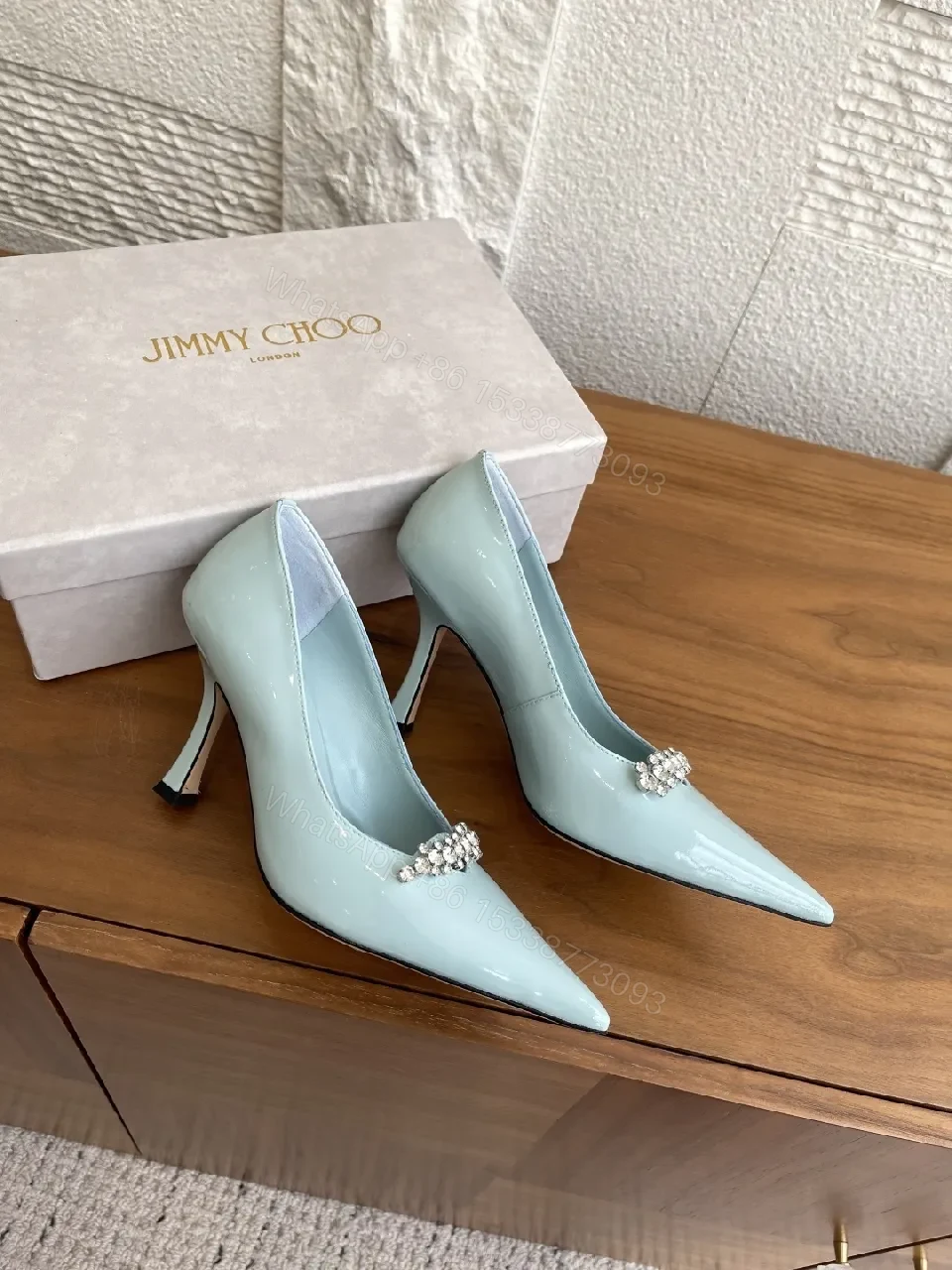 View 8 of Mint Satin Crystal-Embellished Pointed Pumps