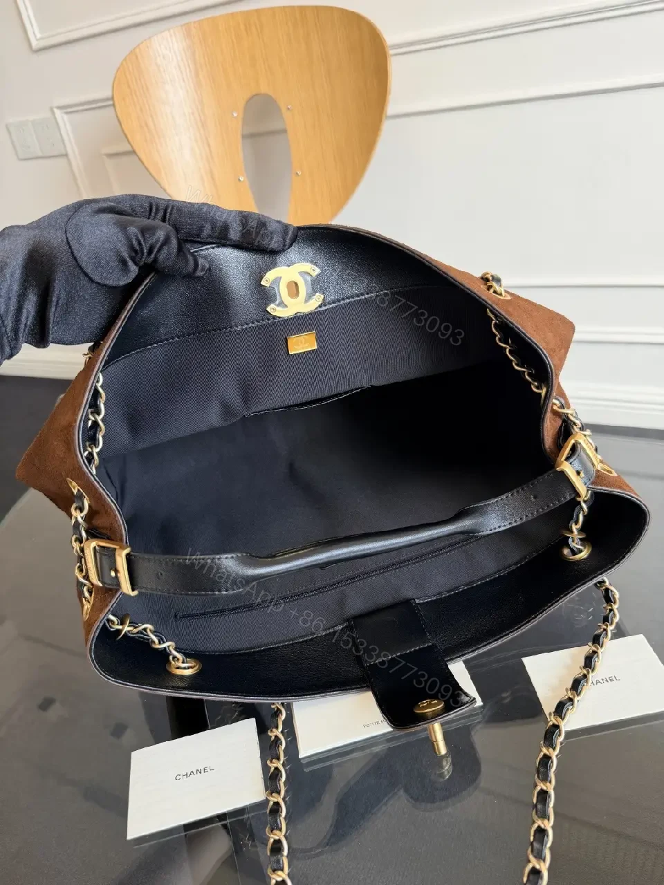 View 2 of Two-Tone Quilted Tote with Chain Accent