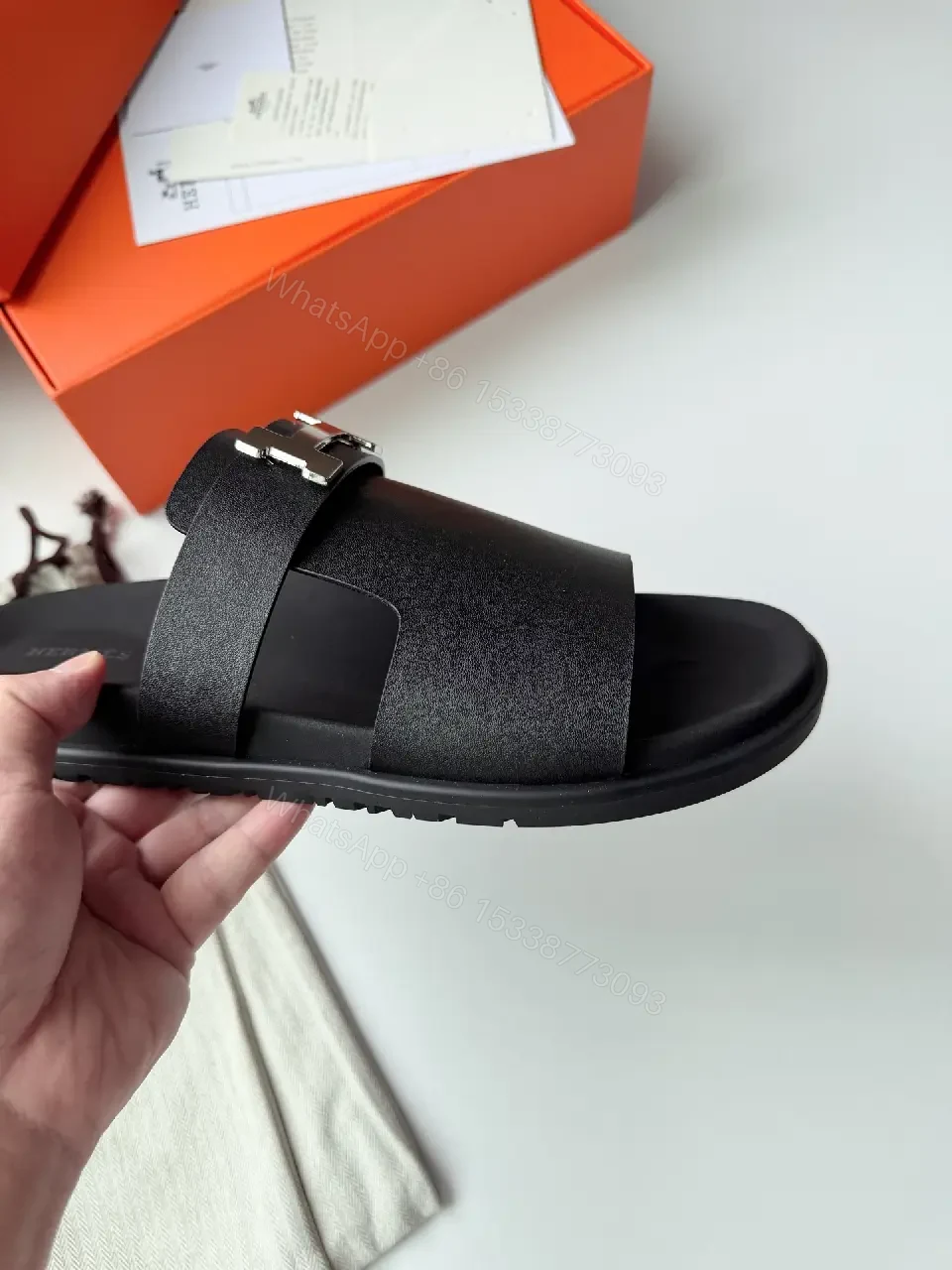 View 6 of Black Leather Slide Metal Buckle Modern Comfort Fit Sandals