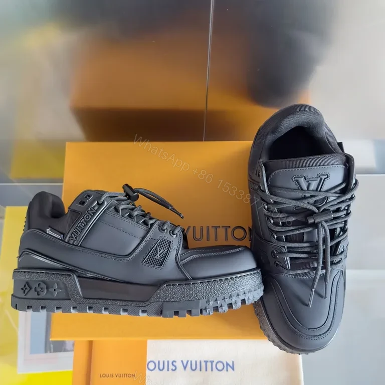 View 3 of Monochrome LV-Influenced Leather Sneakers: Sleek, Durable