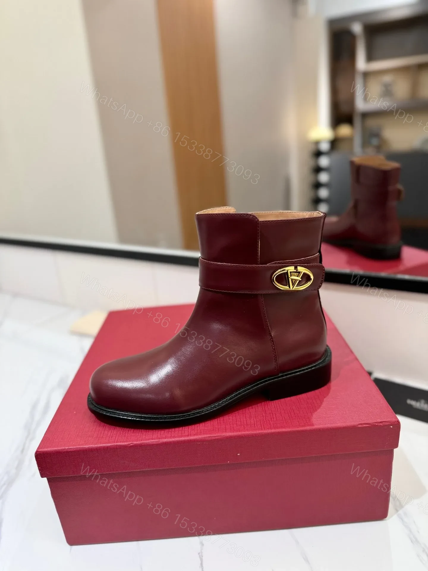 View 5 of Valentino Women Burgundy Leather Ankle Boots
