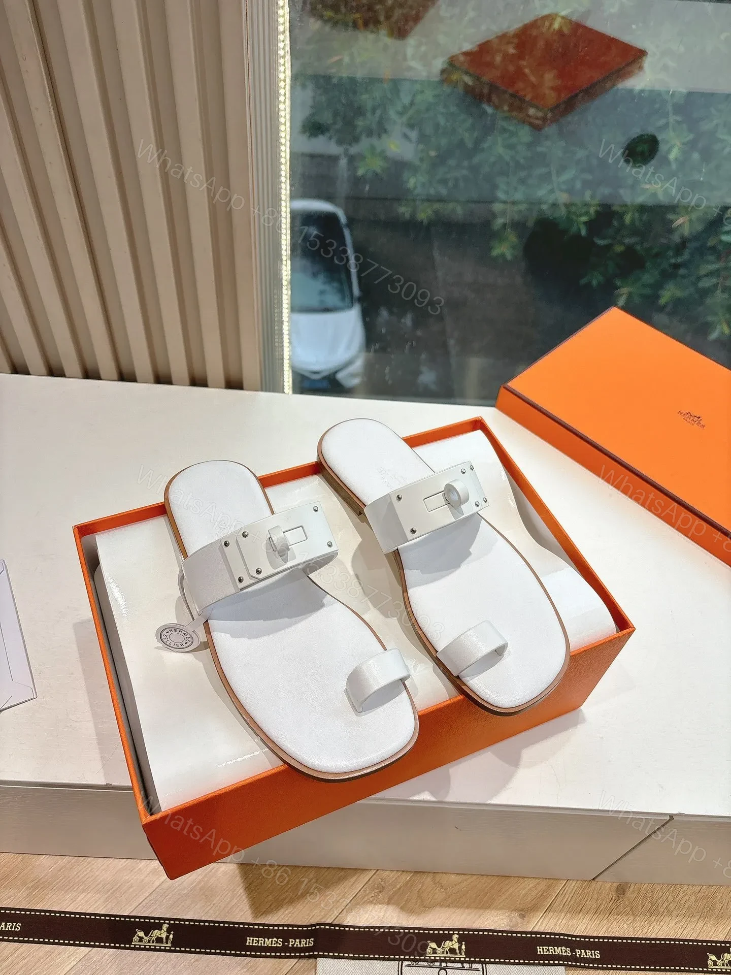 View 3 of Hermes Women White Leather Flat Sandals