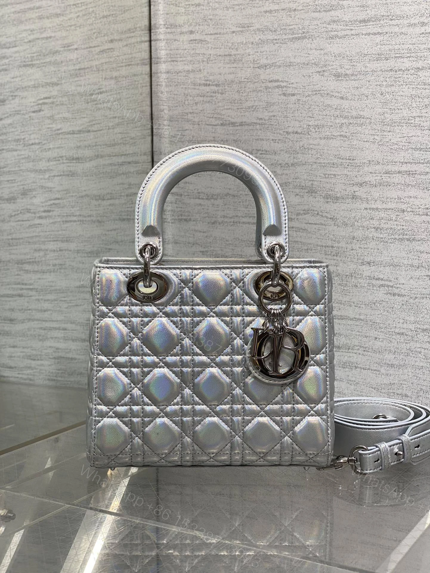 View 2 of Christian Dior metallic silver Cannage lambskin