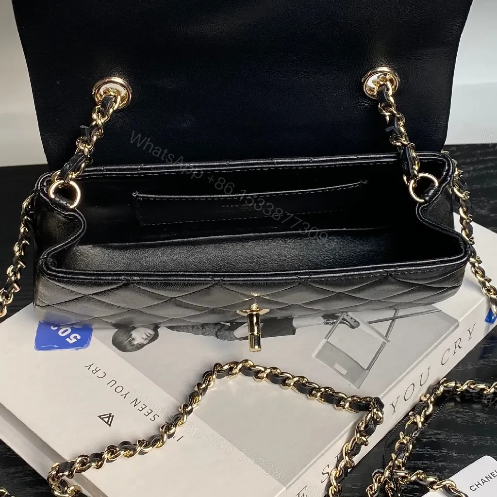 View 9 of Quilted Black Flap Bag with Gold Chain Strap, Compact, Elegant