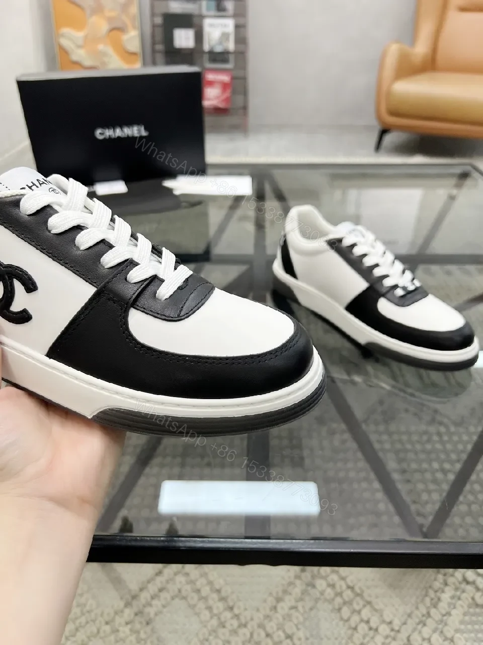 View 5 of Monochrome Leather High-Top Sneaker with Contrast Detailing