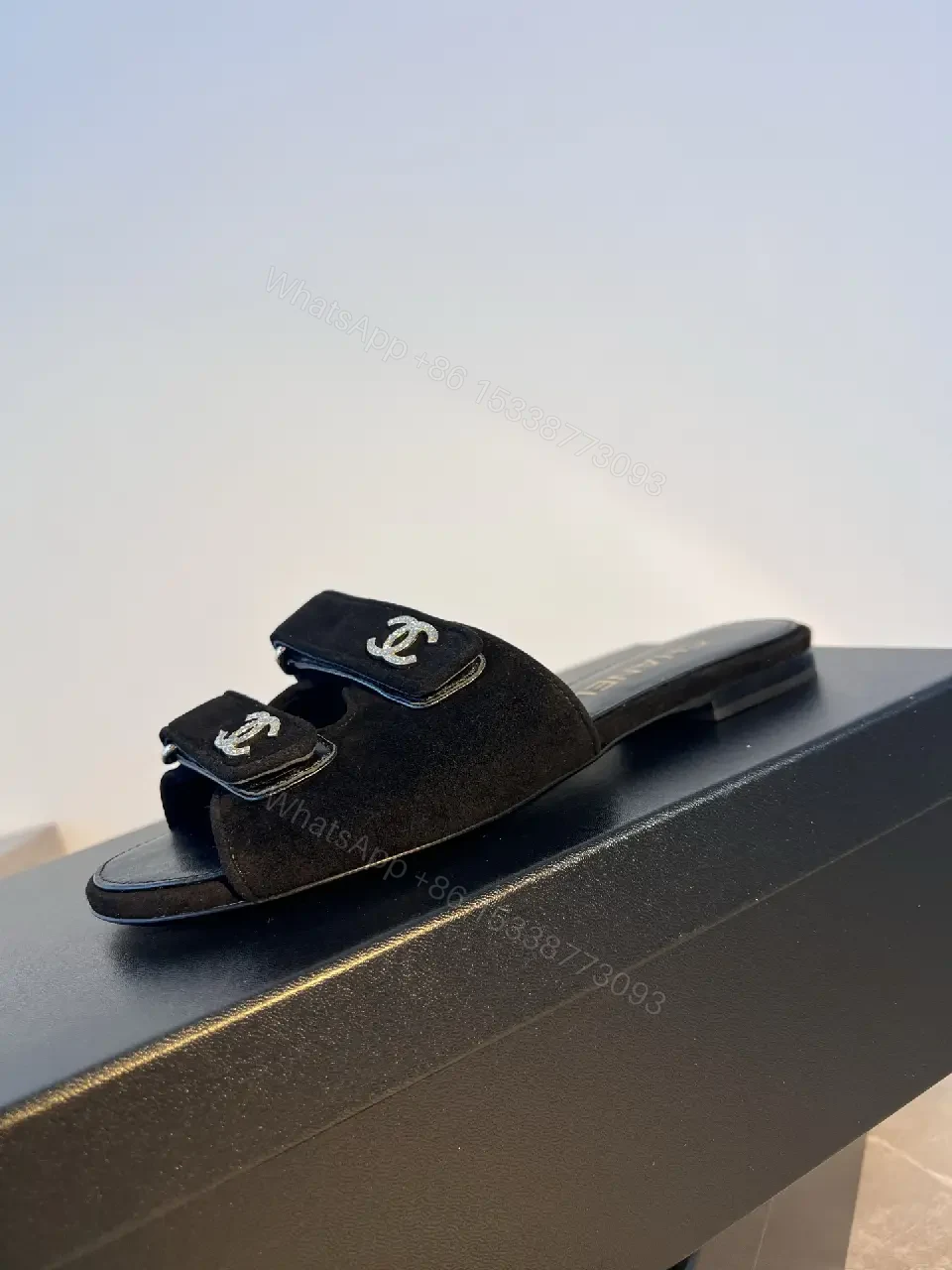 View 7 of Black Velvet Slide Sandals with Signature Hardware