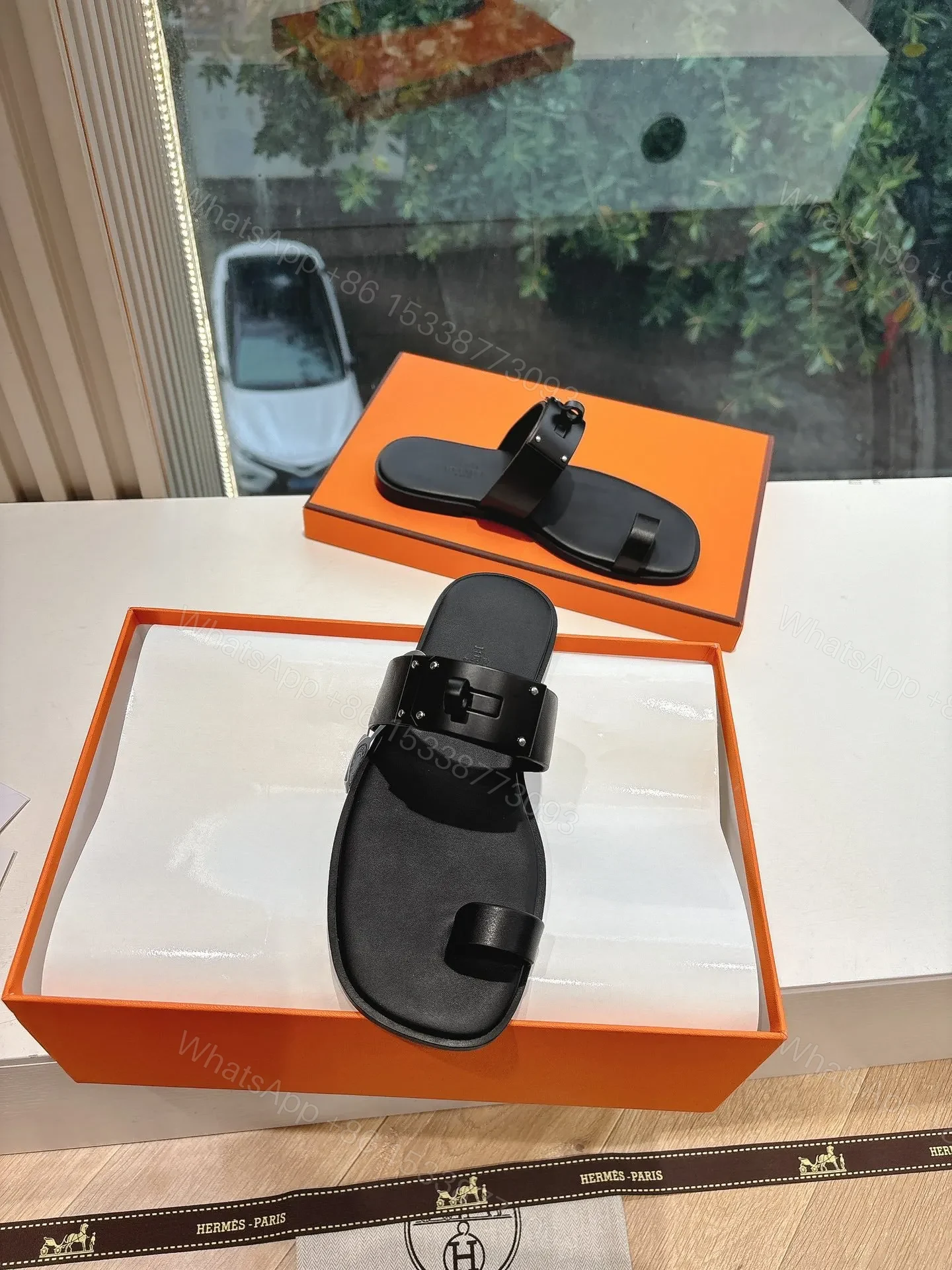 View 4 of Hermes Women Black Leather Toe Loop Mules