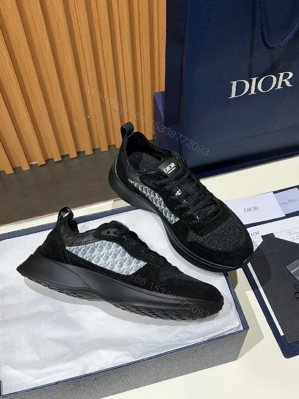 View 3 of Black Mesh Suede Runner with Monogram Accent Sneaker