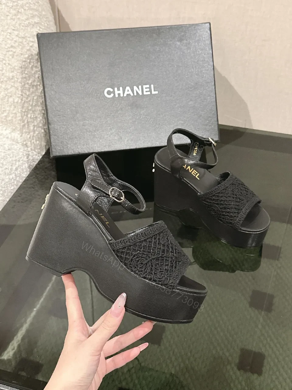 View 9 of Black Lace-Trim Platform Wedges, Open-Toe, Comfortable Elevation