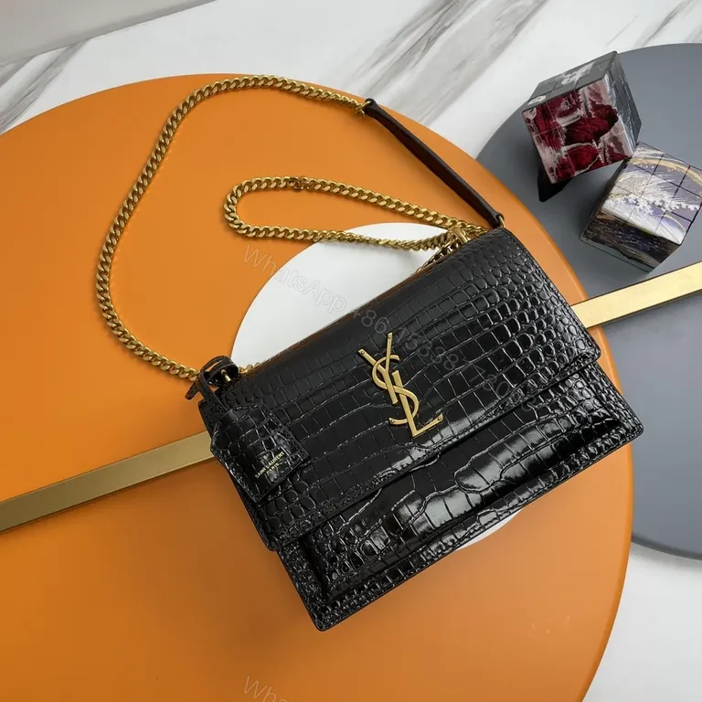 Croc-Texture Black Leather Shoulder Bag with Gold Logo — view 1