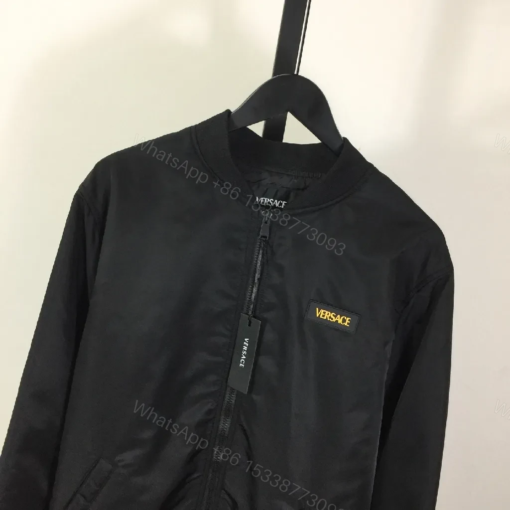 View 4 of Black Bomber Jacket - Versace Patch, Minimalist Edge, Windproof Outerwear