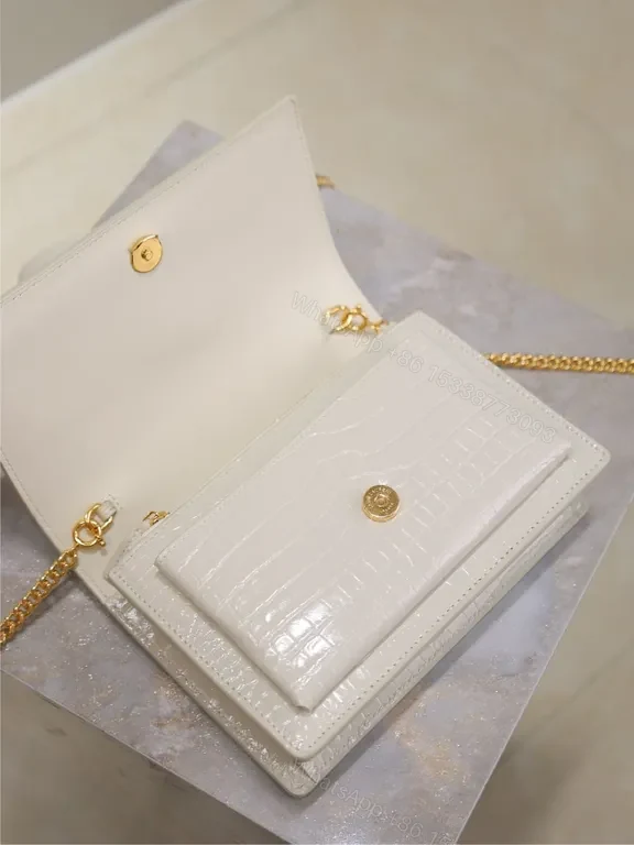 View 2 of Croc-Embossed Mini Bag with Gold YSL Logo, White