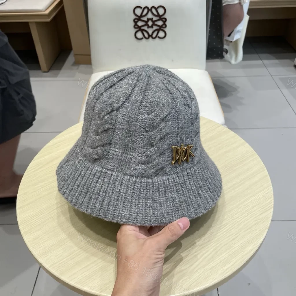 View 8 of Textured Wool Cap with Gold Logo Knit Hat, Grey, Luxury Style