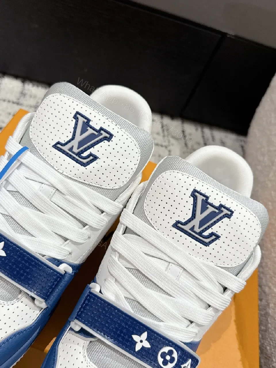 View 4 of Blue & White Luxe Leather High-Tops with LV Hints