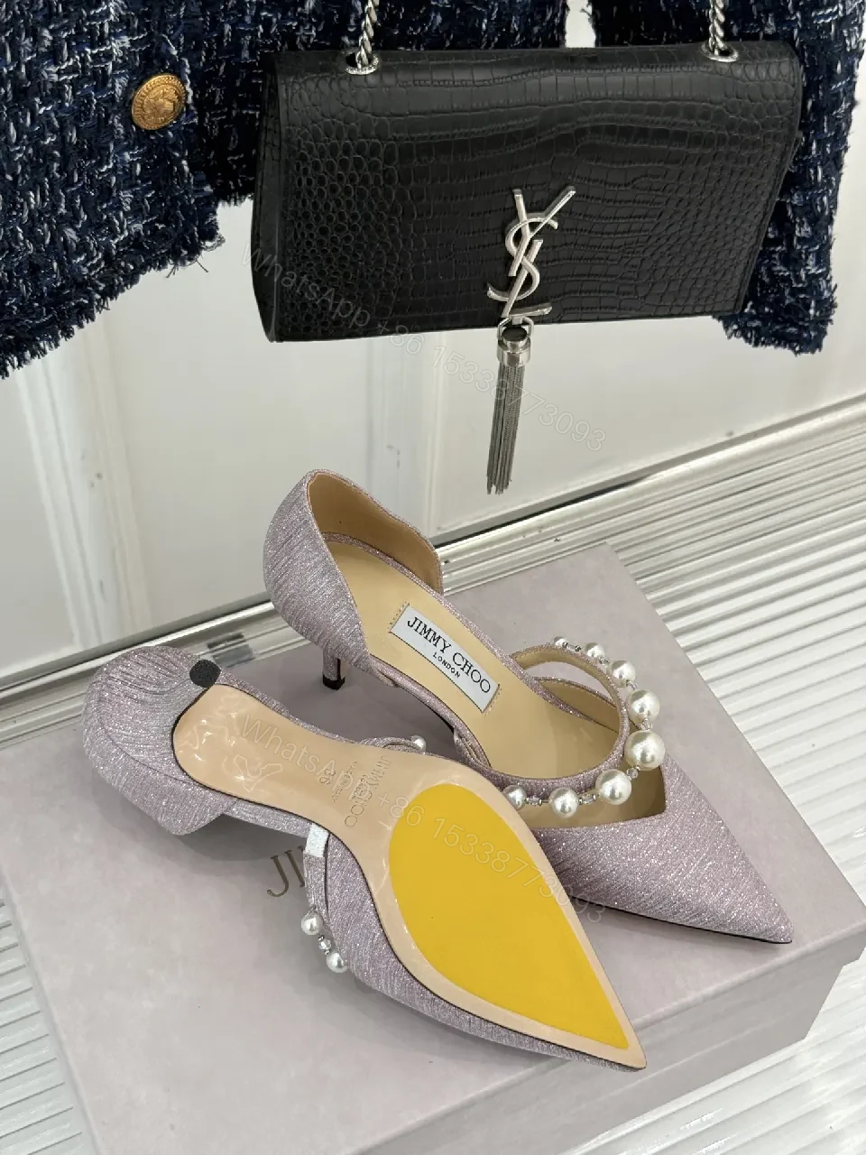View 4 of Lavender Pearl Embellished Pointed-Toe Heels, Luxe