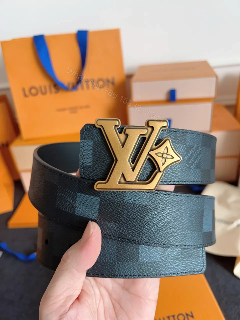 View 4 of Damier-Check Textured Belt with Bold LV Buckle