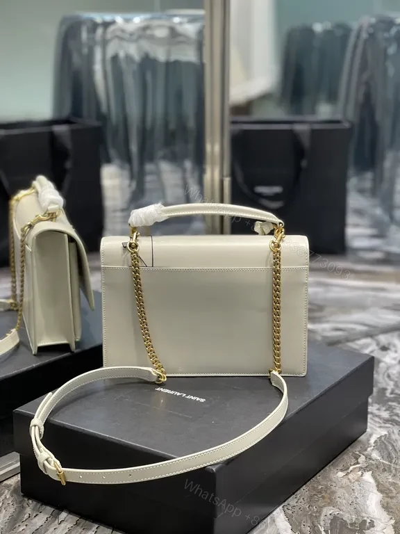 View 5 of Structured Leather Crossbody: White & Gold, YSL Emblem, Compact Luxury Bag