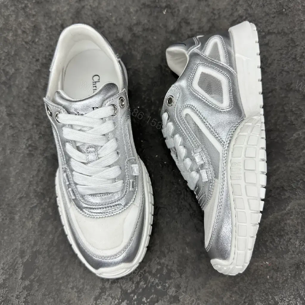 View 3 of Silver Metallic Leather Trainers with Mesh Panels, Chunky Sole, Dior-Style Motif Sneaker