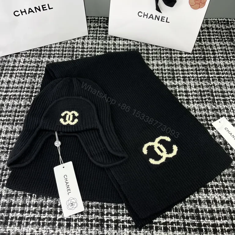 Chanel Knit Set: Black & Cream, Signature Logo Hat & Scarf — view 1