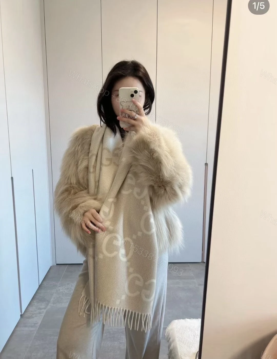 Gucci A貨奶油白流蘇圍巾 GG放大標誌設計 羊毛觸感保暖單品 — view 1