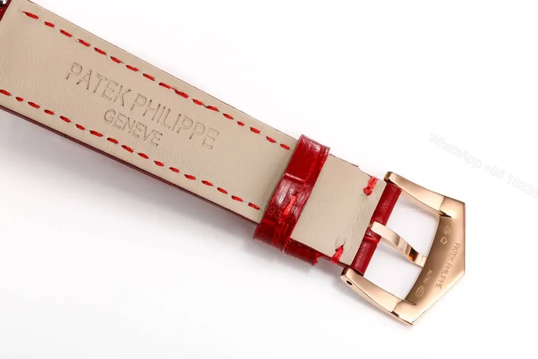 View 8 of Patek Philippe Complications Collection Annual Calendar Moon Phase Women’s Watch in Rose Gold with Diamond Set Case Red Leather Strap and Mother of Pearl Dial