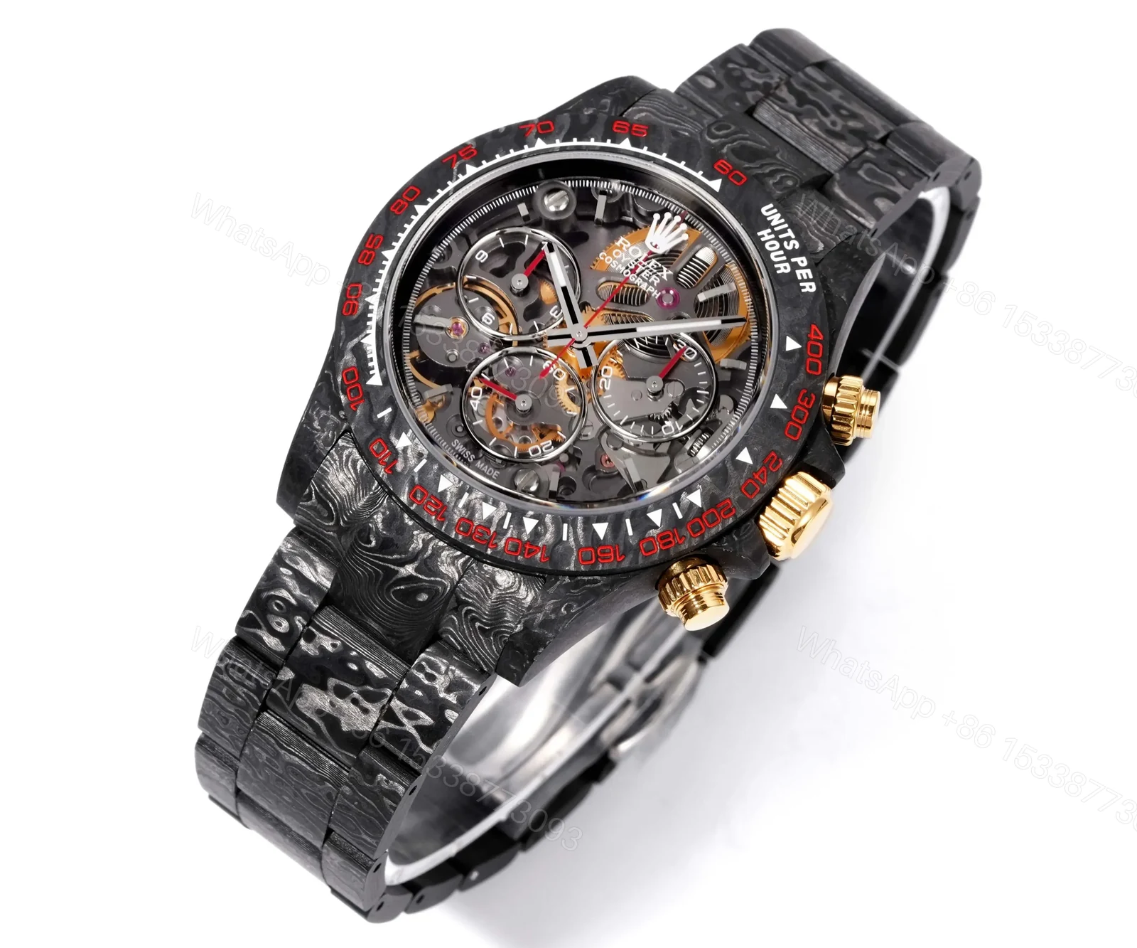 View 2 of Rolex Daytona DiW Carbon Skeleton Red Accents Replica Watch 116500LN-RED