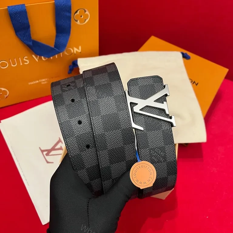 View 8 of Damier Signature Belt: Gold LV Buckle, Leather-Canvas Luxury