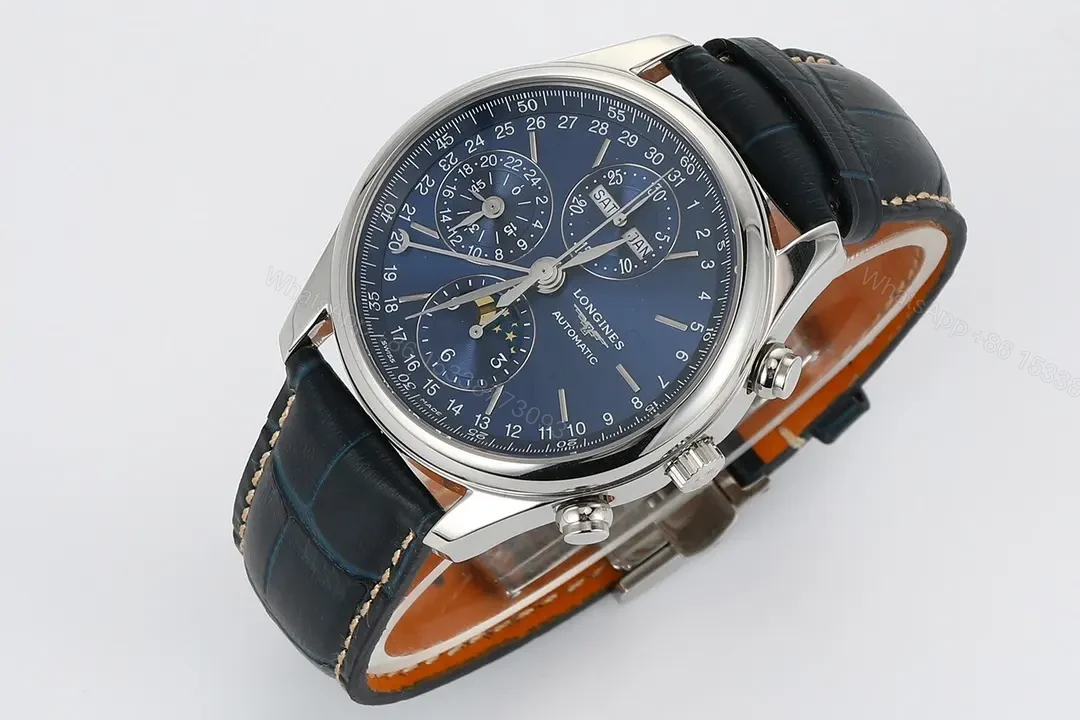 View 4 of Longines Master Collection Moonphase Blue Dial Automatic Watch with Leather Strap