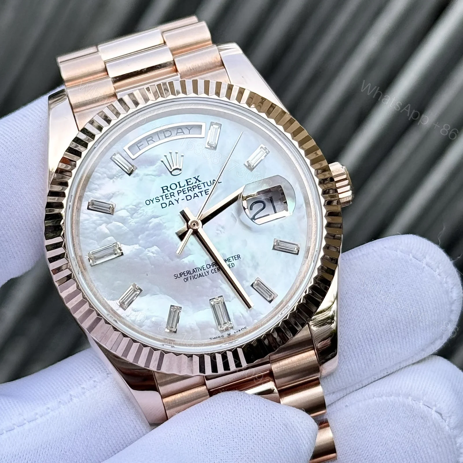 View 5 of Superclone Rolex Day-Date White Mother-of-Pearl Diamond Dial 128235-0078 36 mm