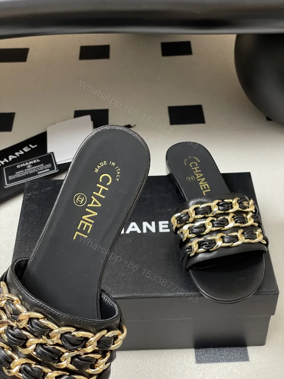 View 5 of Black Leather Slide with Gold Chain Detail – Luxury Everyday Comfort