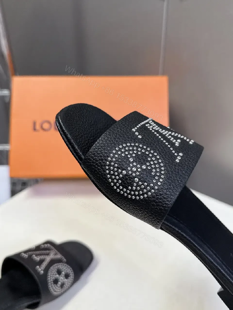 View 7 of Black Leather Slide Sandals with Crystal Embellishment - Comfort, Luxury