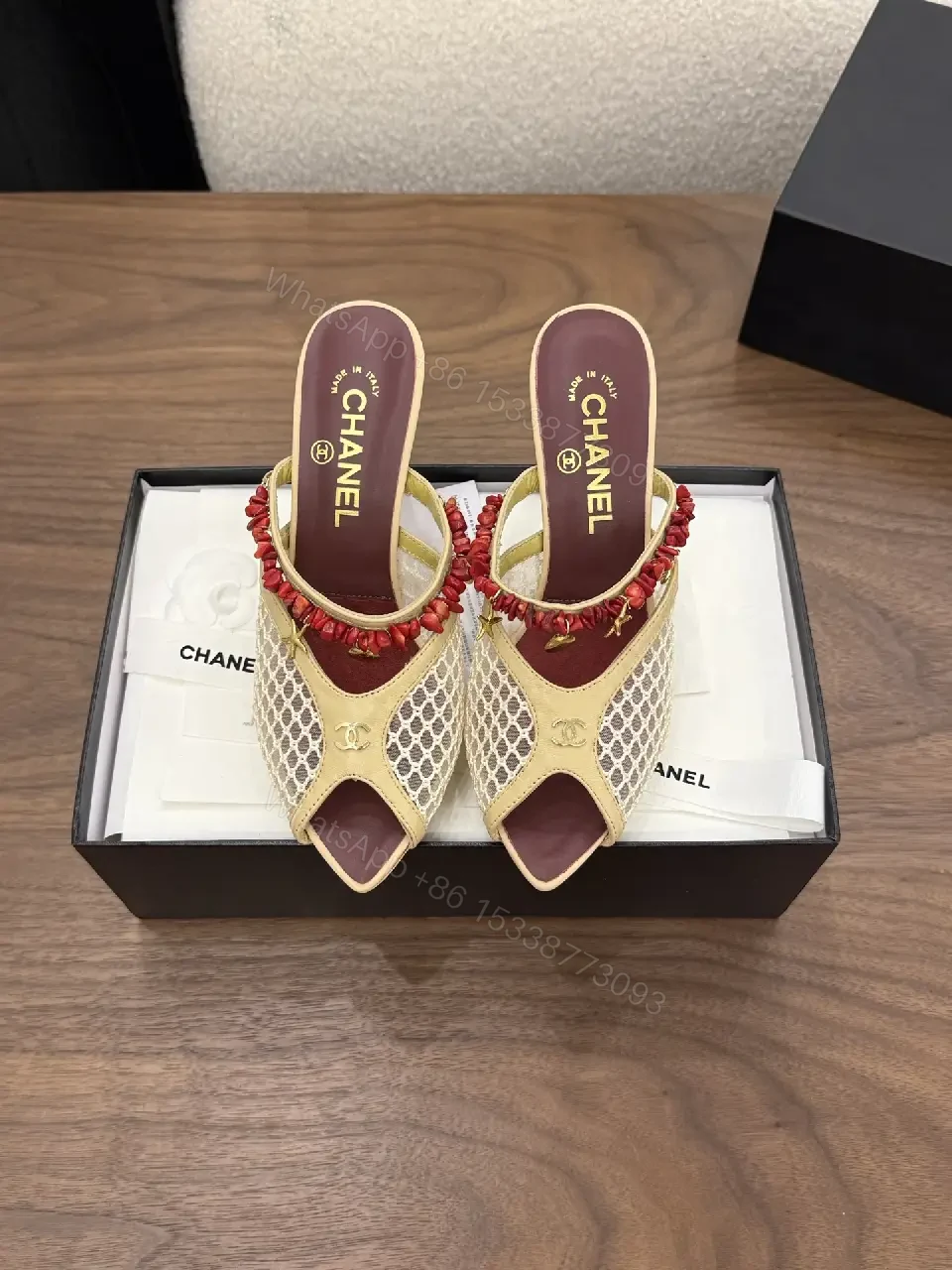View 3 of Beige Mesh Leather Vintage Red Embellishments Chanel Heels