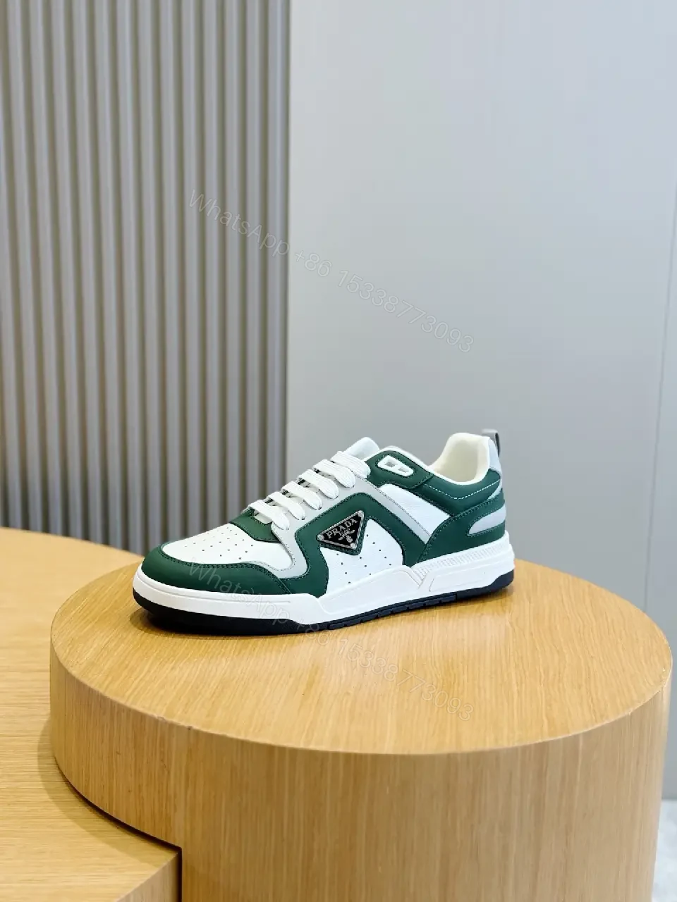 View 7 of Green Leather Runner Sneaker with White Laces Prada Style Sneakers